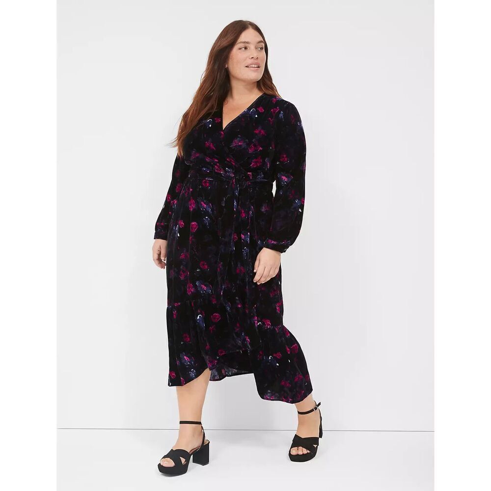 NWT Lane Bryant Navy Blue Purple Floral Velvet Faux Wrap Tiered Midi Dress sz 18